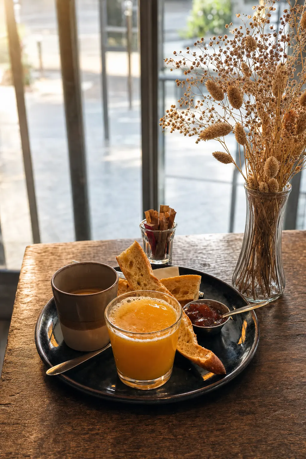 Petit-déjeuner parisien avec jus d'orange, café, tartines et confiture