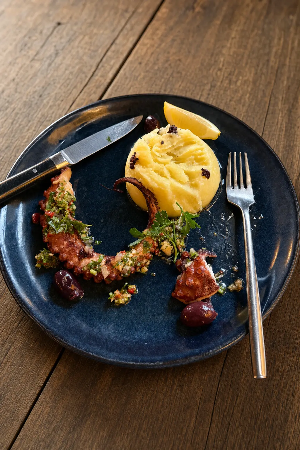 Tentacules de pieuvre grillées avec chimichurri, écrasé de pomme de terre et olives